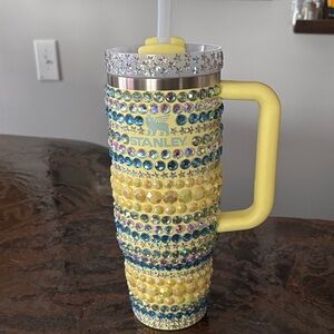 NEW 20oz Stanley Yellow Tumbler with Handle - “bedazzled”